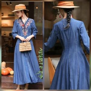 Floral Embroidered Denim Maxi Dress